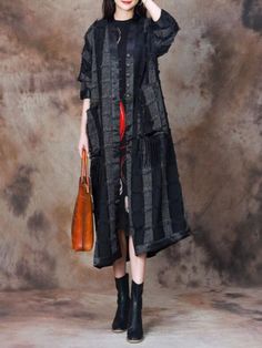 Styles: Elegant Material: Cotton Linen Clothing Length: Mid-Calf Sleeve Length: Long Sleeve Decoration: Pocket Pattern: Bicolor Season: Spring/Fall #coat #over50 #cottonlinen #plussize Spring Black Tasseled Outerwear, Black Long-sleeved Outerwear With Tassels, Black Long Sleeve Outerwear With Tassels, Calf Sleeve, Linen Clothing, Fall Coat, Pocket Pattern, Casual Jumpsuit, Loose Dress