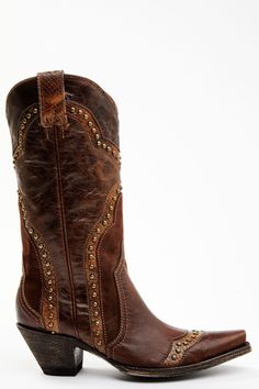 Leather 12" shaft height Snip toe Side pull-tabs Western stitched shaft pattern with embellished studded trim 3mm EVA Western heel Leather outsole Brown Cowgirl Boots Outfit Winter, Cowgirl Boots Outfit Winter, Brown Cowgirl Boots Outfit, Brown Cowgirl Boots, Brown Cowboy Boots, Cowgirl Boots Outfit, Winter Boots Outfits, Cowgirl Style, Cold Weather Accessories