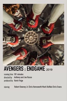 the cover of avengers'endgame, featuring red and white shoes with black lettering on them