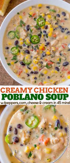 creamy chicken poblano soup with peppers, cheese and cream in a white bowl