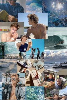 a collage of photos with people and surfboards in the water, one man is holding his hands up to his face