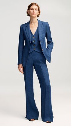 Our lightweight Weekend Blazer is made from Italian denim linen that’s breathable and beach-ready. This quintessential outerwear piece features multiple pockets both at the exterior and interior, in addition to a classic fit and a two-button closure. Ideal for pairing with our Prince Trouser and a breezy button-up, sandals, and straw tote. Linen Suits Women, Denim Wedding, Womens Waistcoat, Linen Top Women, Denim Vests, Suit Women, Linen Suit, Work Wear Women, Womens Blazers