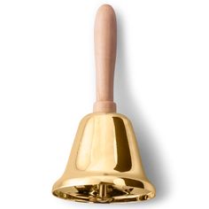 a golden bell with a wooden handle on a white background