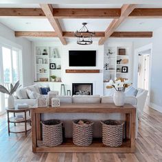 a living room filled with furniture and a fire place under a tv mounted on a wall