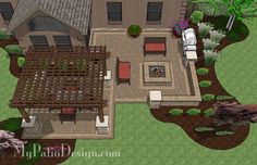 this is an artist's rendering of a house in the backyard with landscaping and patio furniture