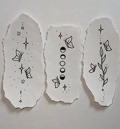 three pieces of torn paper with drawings on them and stars in the sky above it