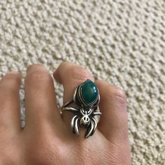 925 Silver Spider Ring W Green Stone Detailed Hand Made Unique Ring It Is Vintage Uniqe Unique Sterling Silver Emerald Ring, Unique Sterling Silver Emerald Ring Stamped 925, Unique Hallmarked Emerald Ring In Sterling Silver, Sterling Silver Emerald Ring For Promise, Unique Silver Emerald Ring In Sterling Silver, Spider Ring, Ring Hand, 925 Ring, Ring Color