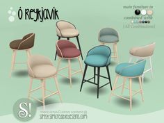 six different colored barstools in various styles and sizes, with the words'o rekjovk'above them