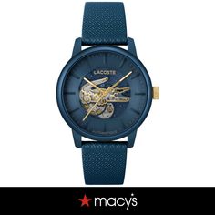 in stock Blue Leather Watches With Skeleton Dial, Lacoste Men, Blue Leather, Leather Straps, Jewelry Watches, Bracelet, Blue, Leather