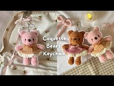 crocheted teddy bear keychain with two stuffed bears on it and the words coquette bears keychain