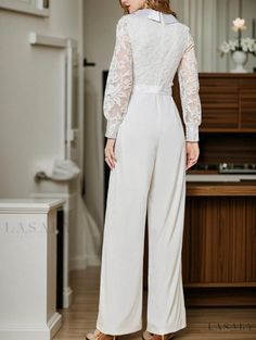 Lasaky - Long Sleeve Lace Chiffon Party Jumpsuit with Wide-Leg Pants Full Length Spring Party Jumpsuits And Rompers, Elegant Long Sleeve Summer Pantsuit, Elegant Summer Long Sleeve Pantsuit, Summer Elegant Long Sleeve Pantsuit, Elegant Summer Pantsuit With Long Sleeves, Chic Long Sleeve Jumpsuit For Wedding, Chic Long Sleeve Jumpsuits And Rompers For Wedding, White Long Sleeve Pantsuit For Party, Long Sleeve Jumpsuits And Rompers For Summer Wedding