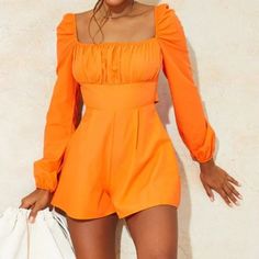 Prettylittlething Bright Orange Tie Back Long Sleeve Playsuit Romper New With Tags Square Neckline Blouson Long Sleeve Back Tie With Cut Out Back Zipper Closure Polyester/Cotton Approx Measurements Laying Flat Pit To Pit - 18" Length - 29" Women's Size 10 Great For Vacation Ships Same/Next Business Day Bin-R Marella Redek, Orange Romper, Sheer Jumpsuit, Long Sleeve Playsuit, Bell Sleeve Romper, Bridesmaid Attire, Colorful Jumpsuit, Blue Corset, Off Shoulder Jumpsuit