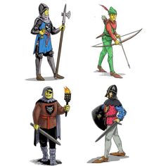 four different types of knights with swords and helmets on their heads, standing in front of each other