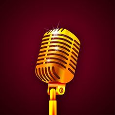 an old fashioned microphone on a red and yellow background with sparkles in the top