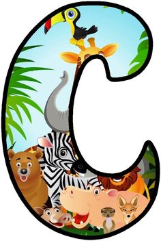 the letter c is made up of cartoon animals and zebras, including a toucan