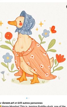 a drawing of a duck wearing a blue hat and scarf with flowers on it's head