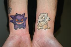 two people with matching tattoos on their wrists, one has a pokemon and the other has a cat