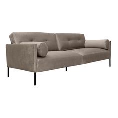 a gray couch with black legs on a white background