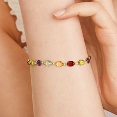 14K Yellow Gold Multi Gemstone Line Bracelet. A colorful myriad of gemstones are aligned and tastefully set in yellow gold to create this vibrant line bracelet. Flexible and light, it is perfect to bring the pop of color you need. Elegant Multi-stone Rainbow Gemstones, Elegant Rainbow Multi-stone Bracelets, Friendship Bracelets Designs, Bead Charms Diy, Diamond Settings, Engagement Ring Styles, Fancy Color Diamonds, Dream Ring, Diamond Design