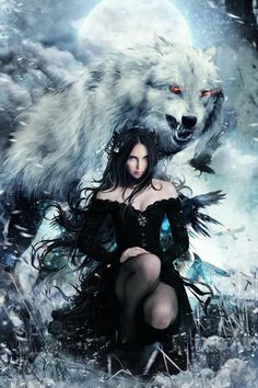 a woman sitting on the ground next to a wolf