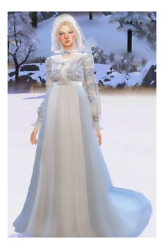 a woman in a blue and white dress standing in the snow wearing a wedding gown