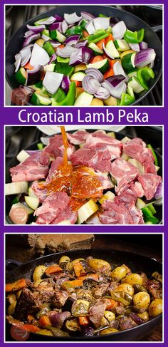 various foods are being cooked in pans and on the stove with text that reads croatan lamb peka