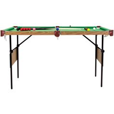 a pool table with balls on it and two cues in the middle, ready to play