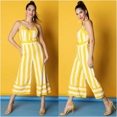 Sunshine Heaven! Sassy Yellow And White Striped Jumpsuit *Adjustable Spaghetti Straps *V-Neckline *3/4 " Wide Legs *Detachable Belt *100% Polyester Trendy Yellow Jumpsuits And Rompers For Spring, Trendy Yellow Jumpsuits And Rompers For Vacation, Trendy Yellow Summer Jumpsuits And Rompers, Trendy Yellow Jumpsuits And Rompers For Beach, Chic Yellow Jumpsuits And Rompers For Day Out, Mustard Jumpsuits And Rompers For Summer, Mustard Fitted Jumpsuits And Rompers For Summer, Chic Yellow Jumpsuits And Rompers For Beach, Chic Yellow Beach Jumpsuits And Rompers