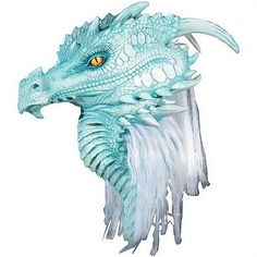 a drawing of a blue dragon head with white feathers