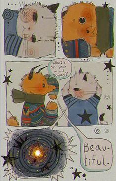 a comic strip with two cats and one cat holding a light in it's mouth