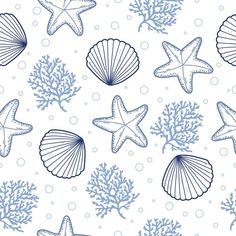 blue sea shells and starfish on a white background