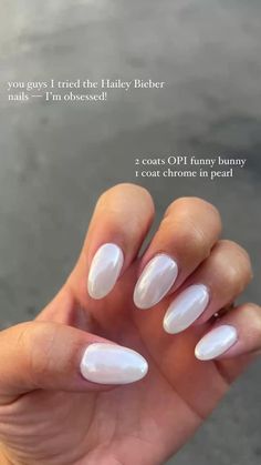 Funny Bunny White Chrome Nails, White Donut Glaze Nails, Pear White Nails, White Bridesmaid Nails, Funny Bunny Glazed Nails, Simple Light Nails, Neutral Summer Nails 2023, Almond Nails Vs Oval Nails, Almond Hailey Beiber Nails