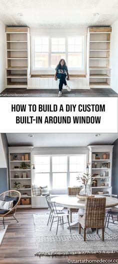 a woman sitting on top of a chair in front of a window with the words how to build a diy custom built - in around windows