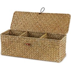 an empty wicker box with three compartments