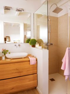 a bathroom with a sink, mirror and shower