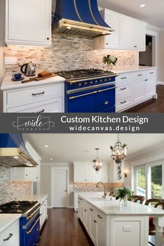 two pictures of kitchen designs with blue and white appliances in the same room, one is empty