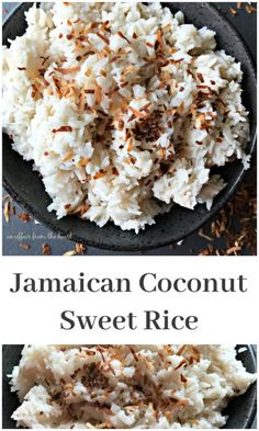 jamaican coconut sweet rice in a skillet with text overlay that reads, ` `