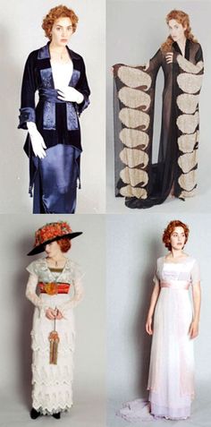 four different dresses and hats from the past