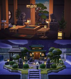 two screens showing the inside and outside of a japanese style house at night or day