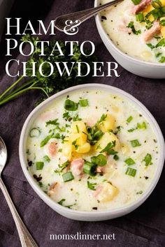 two bowls of ham and potato chowder on a purple cloth with silver spoons