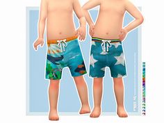 two young boys wearing swim trunks with stars on them