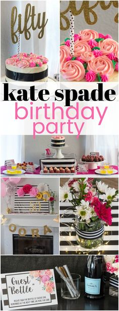 pink and gold birthday party with cake, cupcakes, flowers and champagne bottles