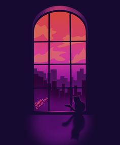 a cat sitting in front of a window looking out at the city skyline outside it