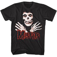 Misfits Men's T-Shirt by American Classics If you like Horror Punk there is a good chance you love The Misfits. The band made use of horror film and science fiction themes through makeup, clothing, artwork, and lyrics drawn from B movies from the 1950s. Musically The Misfits are often recognized as originators of the horror punk and psychobilly subgenres and have drawn from punk rock, heavy metal, and 1950s rock 'n roll and rockabilly to create their style. They are considered icons in punk musi Camisa Rock, Misfits Skull, Punk Rock Music, Crossed Arms, Classic Punk, Horror Punk, The Misfits, Skull Hand, Punk Rock Bands