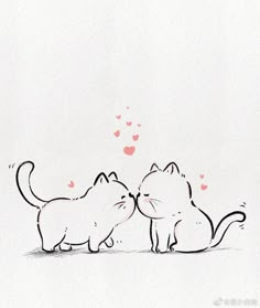 two cats touching noses with hearts in the background