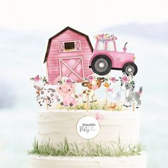 a cake decorated with farm animals and a pink tractor