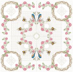 a cross stitch pattern with pink roses and two bees on the center, surrounded by white crocheted doily