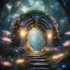 an archway leading into a forest filled with lots of flowers and fairy lights at night