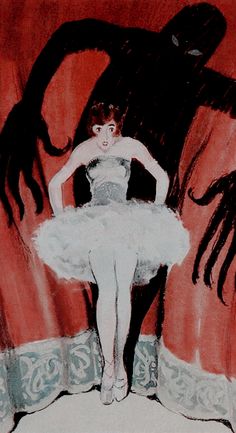 a drawing of a ballerina sitting in front of a black cat on a red background