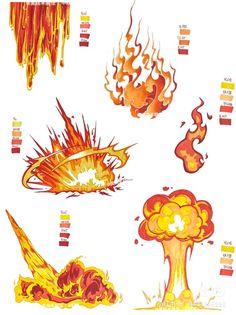 various types of fire and flames on a white background